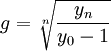 g=sqrt[n]{frac{y_n}{y_0 - 1}}
