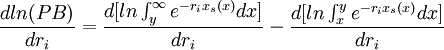 frac{dln(PB)}{dr_i}=frac{d[ln int_y^{infty} e^{-r_i x_s(x)}dx]}{dr_i}-frac{d[ln int_x^y e^{-r_i x_s(x)}dx]}{dr_i}
