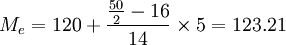 M_e=120+frac{frac{50}{2}-16}{14}times 5=123.21